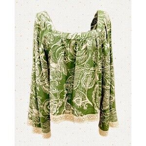 Nicole Miller Women’s Linen Blend Boho Top Green Paisley 3/4 Sleeve Size M